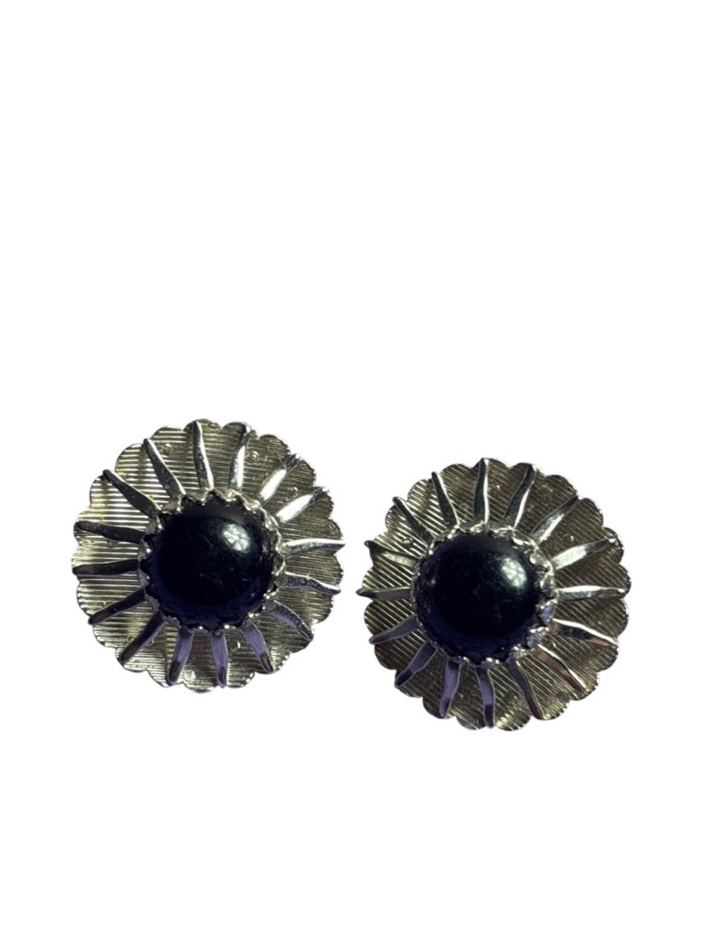 Vintage Sarah Coventry Silvertone Circle Flower Clip On Earrings Black Cabochon